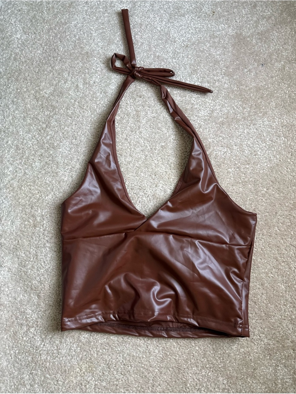 SHEIN Chocolate Brown Faux Leather Halter Camisole
